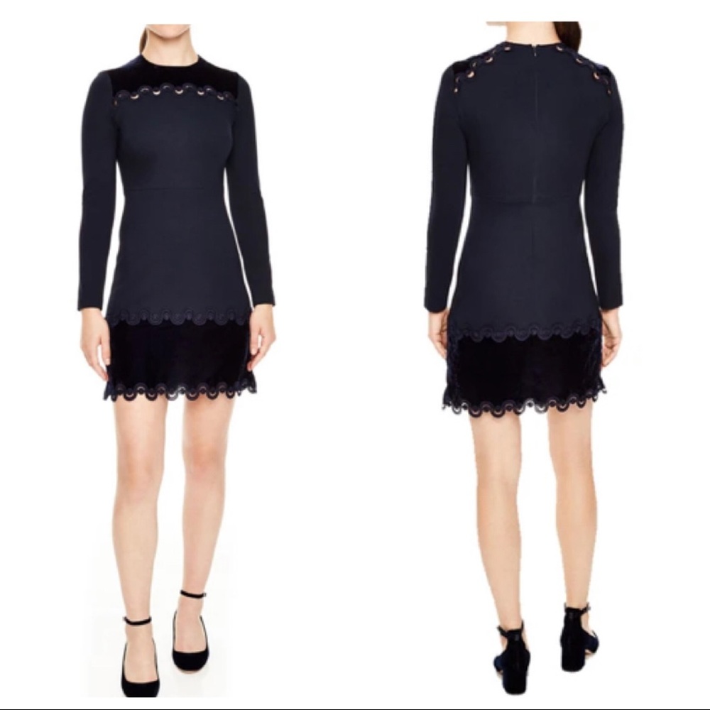 Sandro Edma Braid & Velvet Trim Long Sleeve Dress Navy 2 M